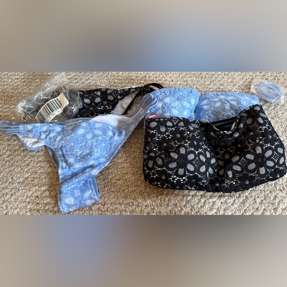 LOT of 2 Victoria's Secret swimsuit bikinis Light Blue and Black BLUE BRAND NEW